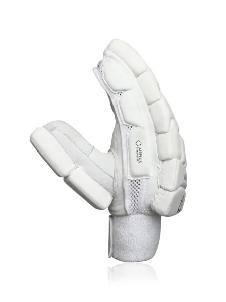 Close-up of professional cricket batting gloves showing detailed stitching and durable material.