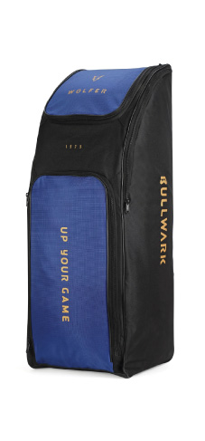 Blue and Black cricket kit bag with leg guard compartment and a padded shoulder strap