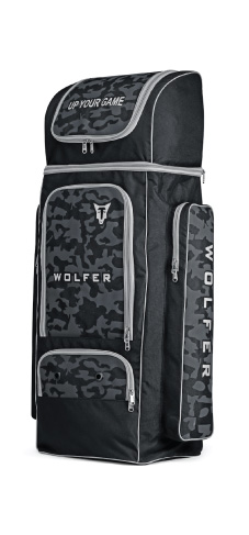 Black cricket kit bag with Camouflage print, side bat pockets, shoe and helmet compartment with padded shoulder straps