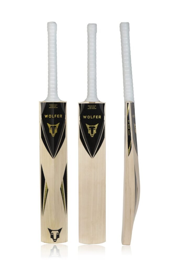 WOLFER English Willow cricket bat shown from front, back, and side angles with white grip and black-gold branding.