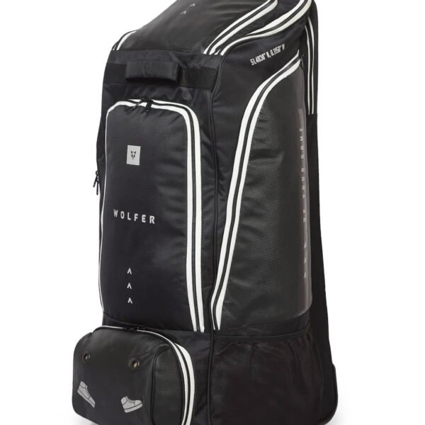 Front and Side Tilted view of Wolfer Humdinger Stand-Up Duffle Wheelie Cricket Kit Bag