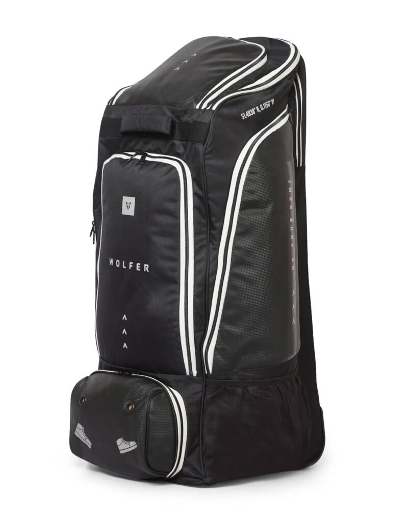 Front and Side Tilted view of Wolfer Humdinger Stand-Up Duffle Wheelie Cricket Kit Bag
