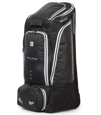 Front and Side Tilted view of Wolfer Humdinger Stand-Up Duffle Wheelie Cricket Kit Bag