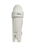 Wolfer white cricket batting pad front view with vertical padding and knee protection.