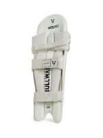 Wolfer white cricket batting pad rear view with adjustable straps and mesh padding.