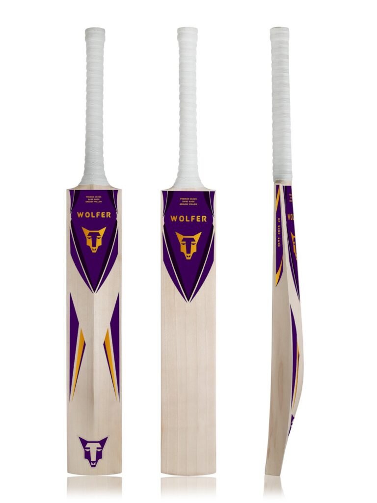 Wolfer Vaulter Grade 4+ English Willow Cricket Bat with purple and gold decals, front, back and side view