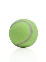 Green tennis ball with curved seam detail isolated on white background.
