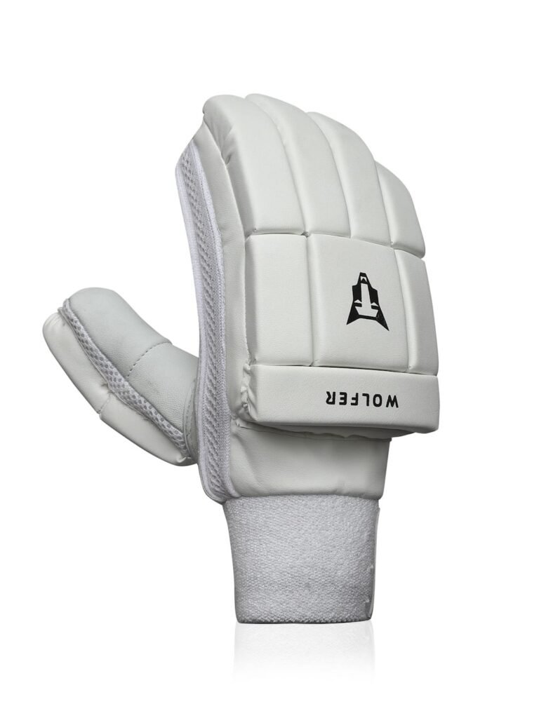 White Wolfer cricket batting gloves back view with reinforced finger padding and wrist cuff.