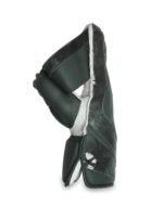 Wolfer dark green wicket keeping glove angled side view showing thumb padding and reinforced stitching.