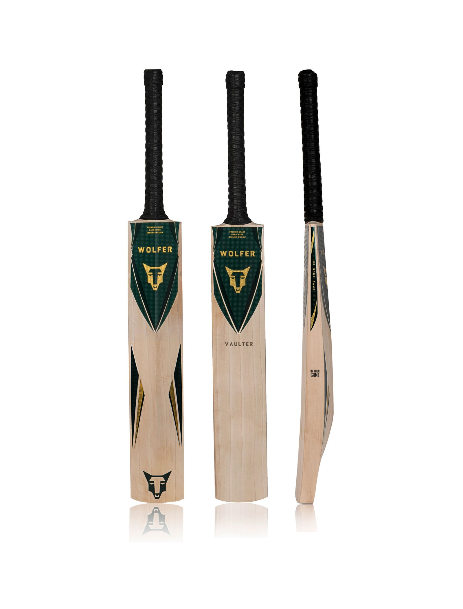 The-Vaulter-Front-Back-and-Side-View---Website-Resolution Wolfer Vaulter Grade 4 English Willow Cricket Bat | Light Weight, Thick Edge, Ideal for Club Cricket - Image 1
