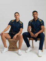 Outdoor Couple Shoot of Wolfer Custom Made cricket t-shirt in Deep Blue featuring moisture-wicking fabric and unlimited custom design options.