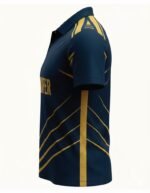 Side View of Wolfer Custom Made cricket t-shirt in navy and gold featuring moisture-wicking fabric and unlimited custom design options.