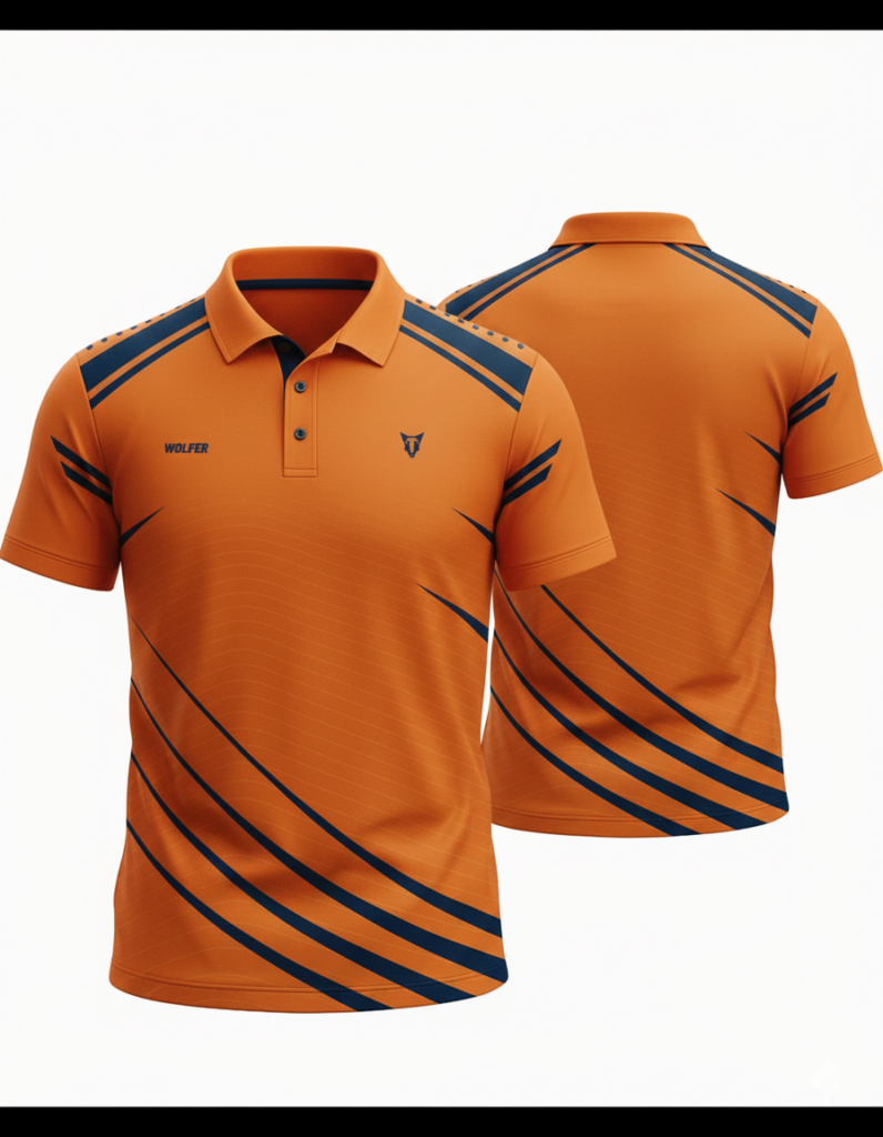 Side View of Wolfer Custom Made cricket t-shirt in Orange and deep blue featuring moisture-wicking fabric and unlimited custom design options.