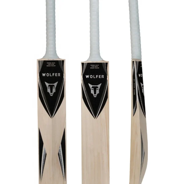 Wolfer Leopon Grade 3+ English Willow cricket bat, front, back and side view, black and silver stickers