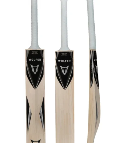 Wolfer Leopon Grade 3+ English Willow cricket bat, front, back and side view, black and silver stickers