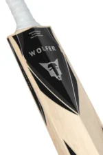 Close-up of Wolfer Leopon cricket bat silver logo and English Willow grains