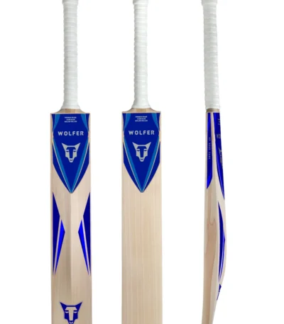 Wolfer Lepjag thick edge light weight English Willow cricket bat with blue and silver stickers, shown from the front, back and side