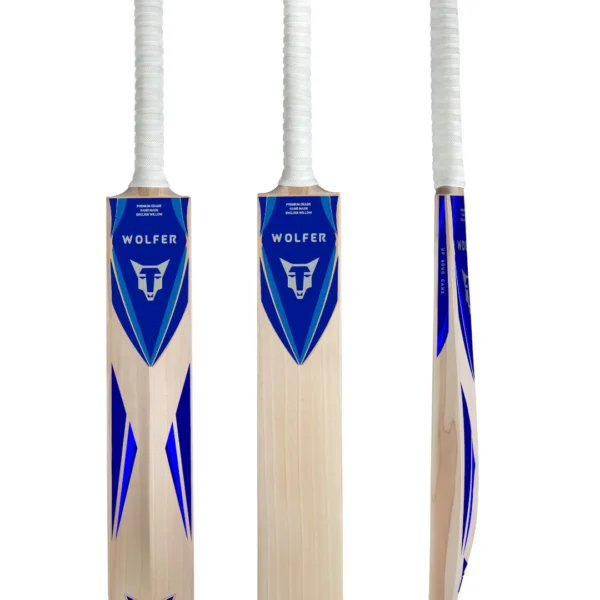 Wolfer Lepjag thick edge light weight English Willow cricket bat with blue and silver stickers, shown from the front, back and side