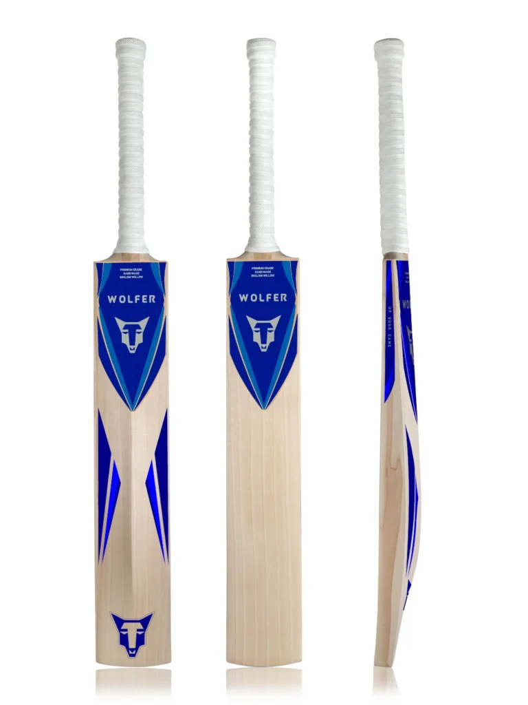 Wolfer Lepjag thick edge light weight English Willow cricket bat with blue and silver stickers, shown from the front, back and side