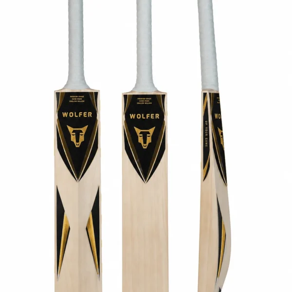 Wolfer Mammoth thick edge full profile English Willow cricket bat with black and dark gold stickers, shown from the front, back and side