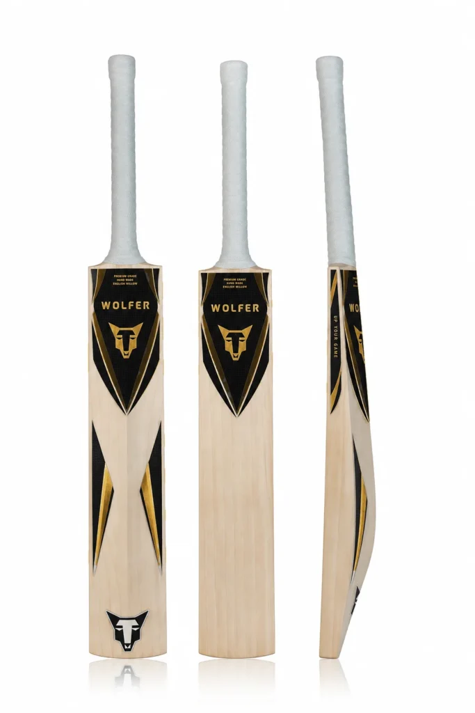 Wolfer Mammoth thick edge full profile English Willow cricket bat with black and dark gold stickers, shown from the front, back and side