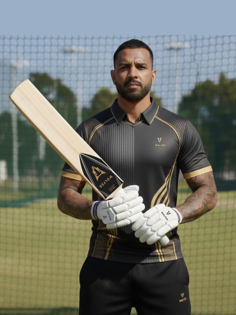 Outdoor Shoot of Wolfer Custom Made cricket t-shirt in Deep Charcoal and Gold Pattern featuring moisture-wicking fabric and unlimited custom design options.