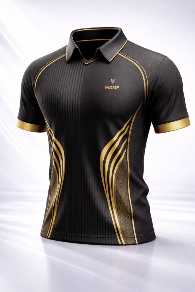 Product Shoot, UK of Wolfer Custom Made cricket t-shirt in Deep Charcoal and Gold Pattern featuring moisture-wicking fabric and unlimited custom design options.