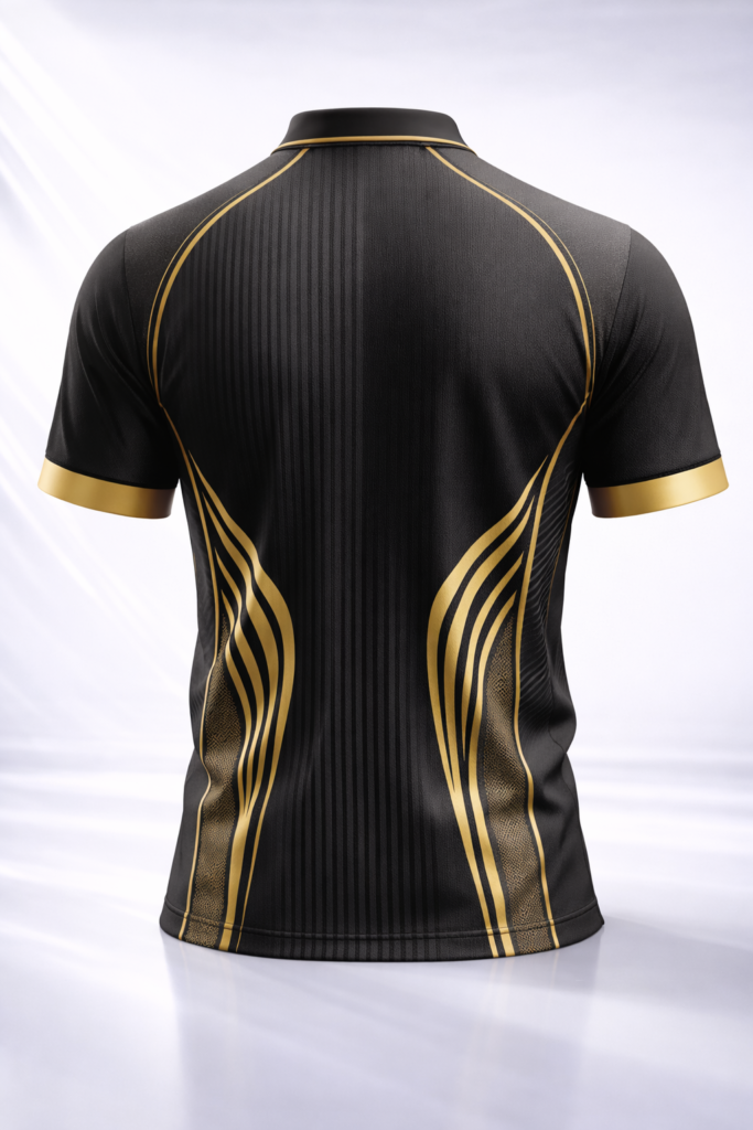 Product Shoot, UK of Wolfer Custom Made cricket t-shirt in Deep Charcoal and Gold Pattern featuring moisture-wicking fabric and unlimited custom design options.