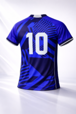 Studio 3D Shoot of back of Wolfer Custom Made cricket t-shirt in Deep Navy Blue with Royal Blue Pattern featuring moisture-wicking fabric and unlimited custom design options.