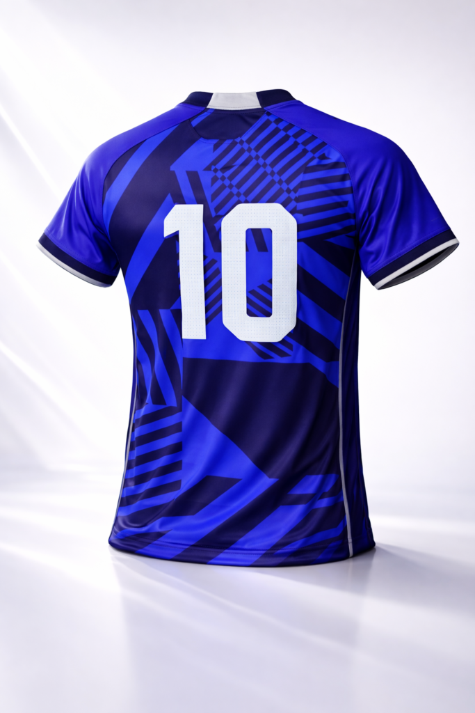 Studio 3D Shoot of back of Wolfer Custom Made cricket t-shirt in Deep Navy Blue with Royal Blue Pattern featuring moisture-wicking fabric and unlimited custom design options.