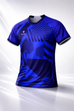 Studio 3D Shoot of front of Wolfer Custom Made cricket t-shirt in Deep Navy Blue with Royal Blue Pattern featuring moisture-wicking fabric and unlimited custom design options.