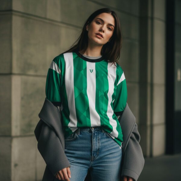 Female Model Image of of Wolfer Custom Made Sports t-shirt in Green and White featuring moisture-wicking fabric and unlimited custom design options.