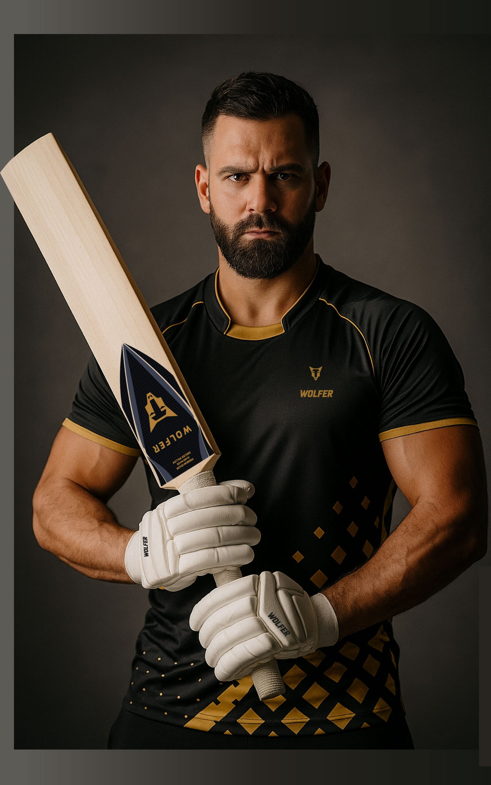 A batsman showcasing his custom made english willow cricket bat