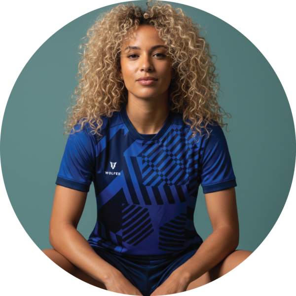 Female athlete sitting in blue Wolfer custom cricket jersey with geometric pattern
