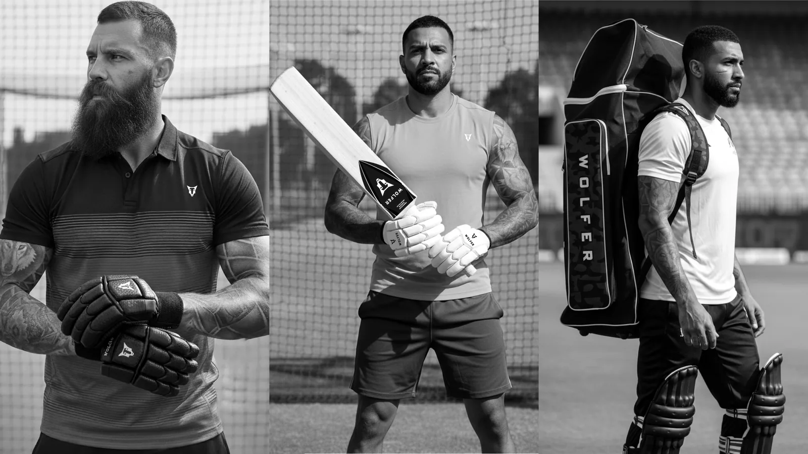 Cricketers in the nets with Wolfer English Willow bat, batting gloves and kit bag