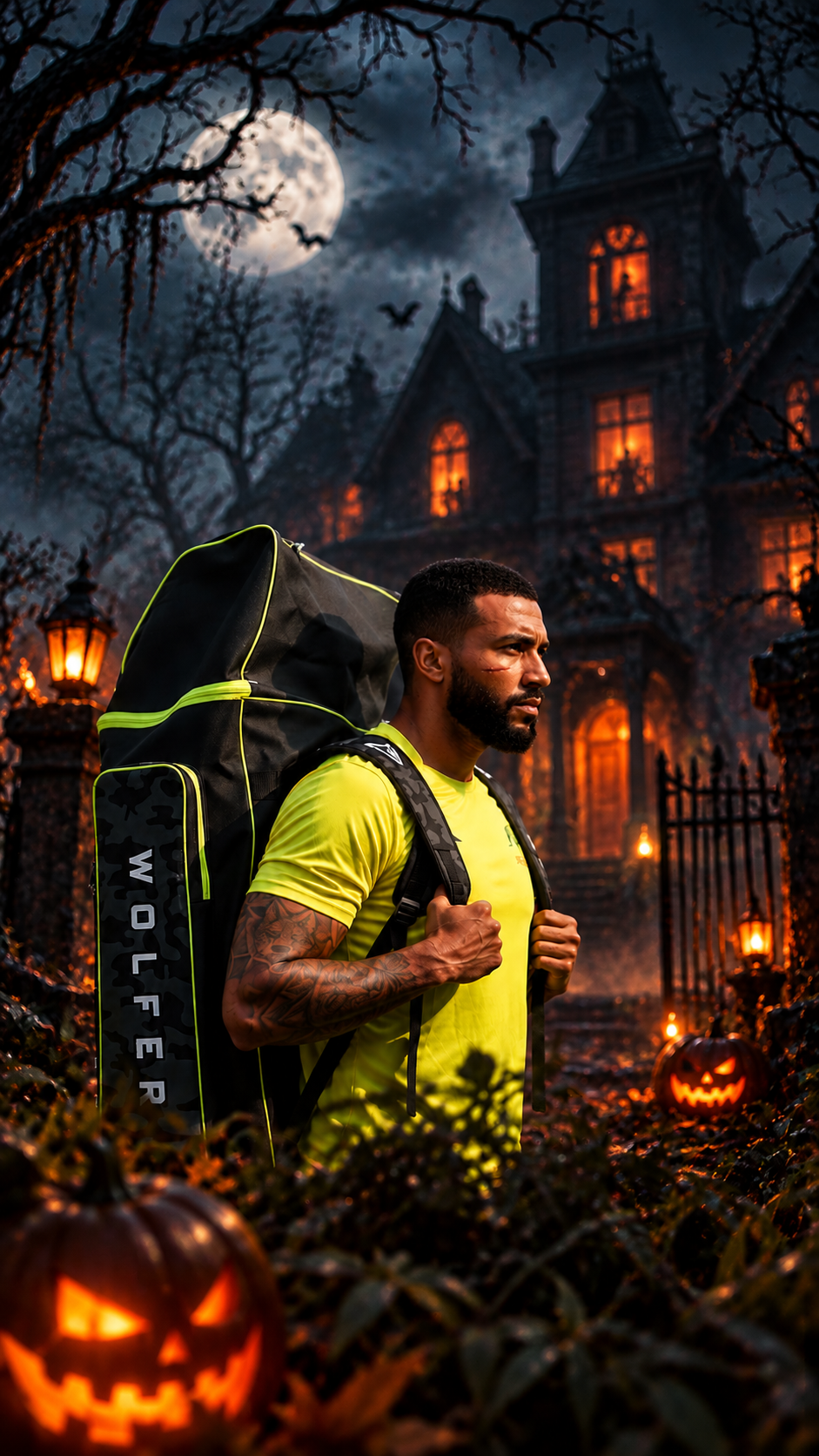 Cricketer carrying a Wolfer kit bag outside a haunted mansion, Wolfer Halloween sale