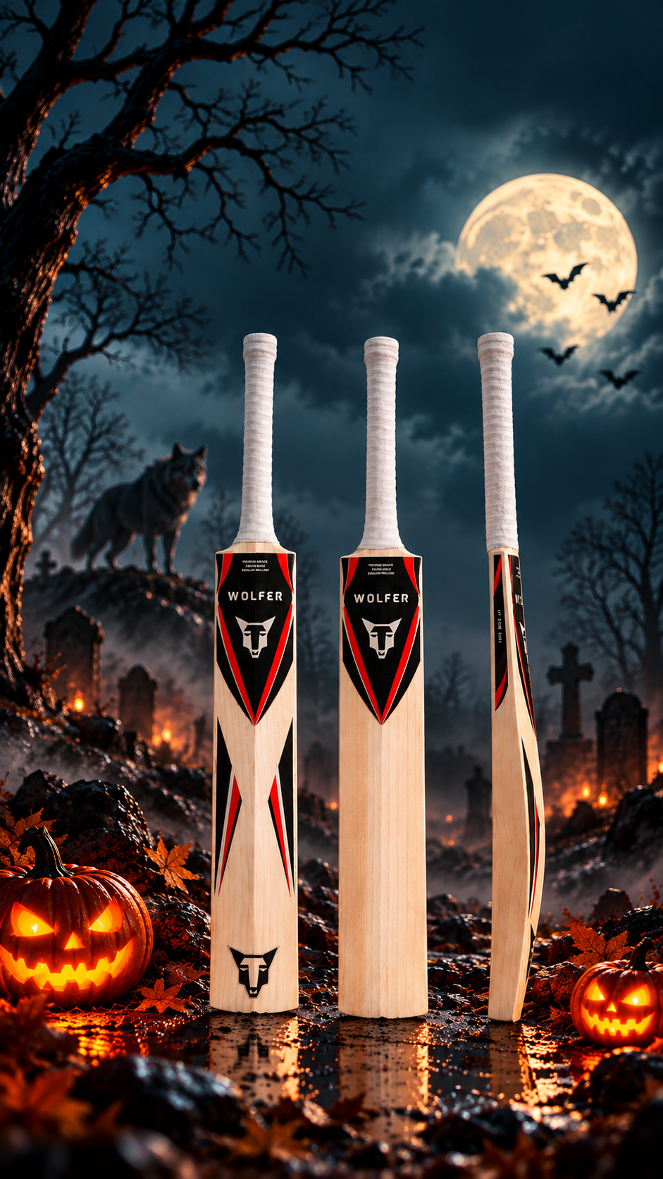 Wolfer Tigon Grade 1 English Willow cricket bats under a haunted moon, extra 50 pounds off with code HALO19