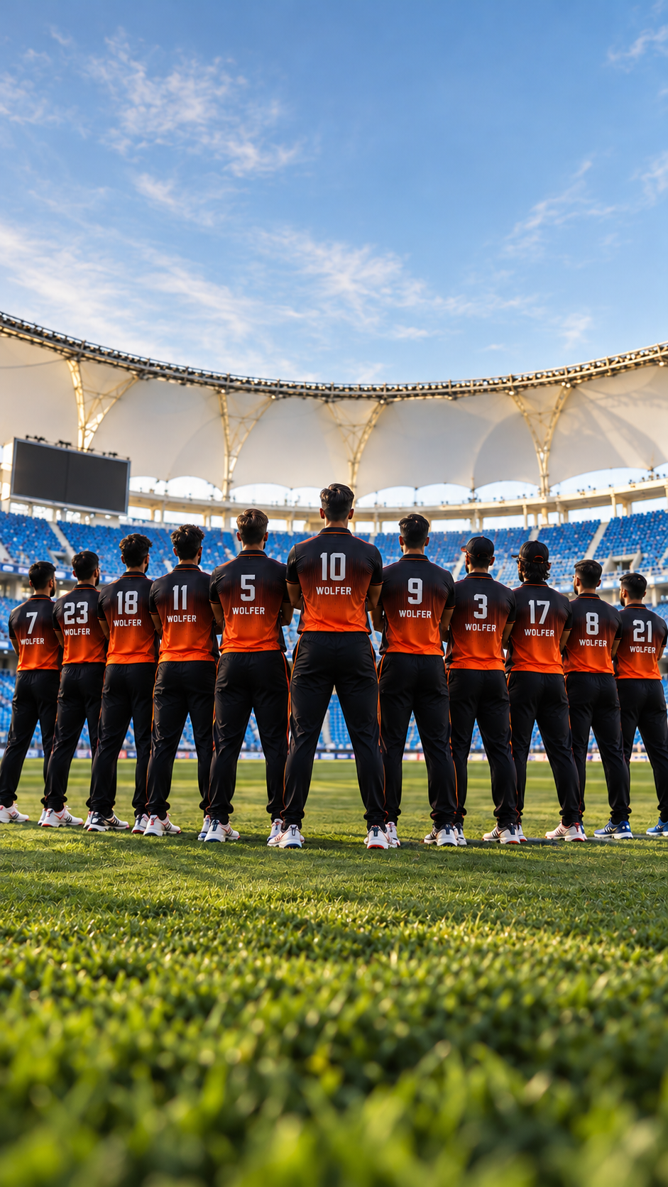 Wolfer cricket team in custom orange and black jerseys in a stadium