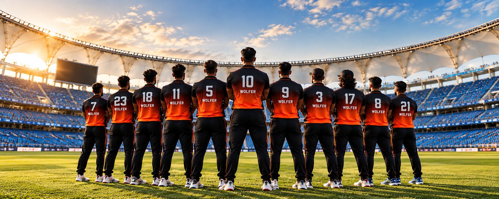 Cricket team wearing Wolfer custom team uniforms at golden hour