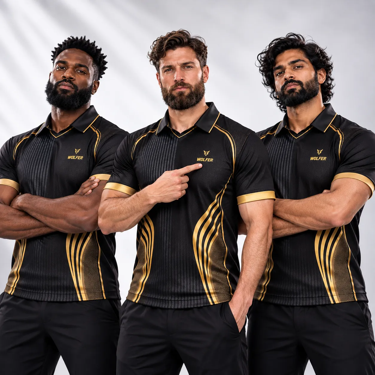Three cricketers wearing Wolfer black and gold custom cricket jerseys